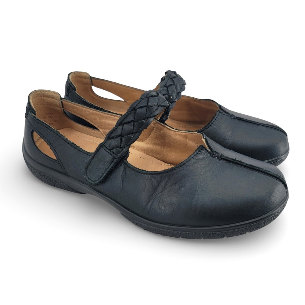 Hotter Shake Black Leather Mary Jane Comfort Flats Womens 7 Braided Strap